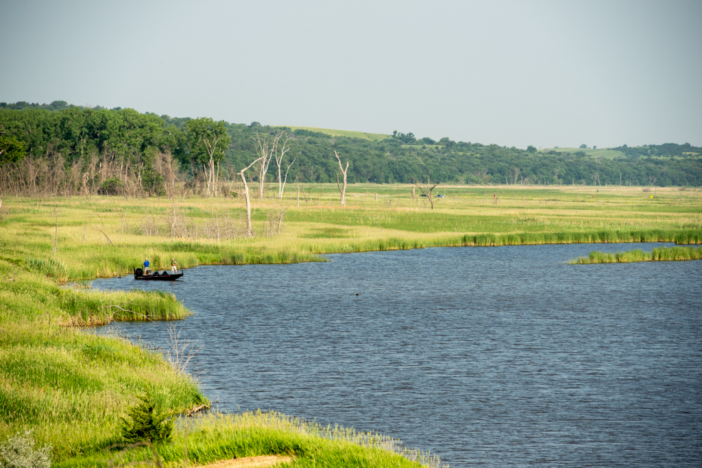 Anglers fish from a boat on the Missouri River near Niobrara State Park.