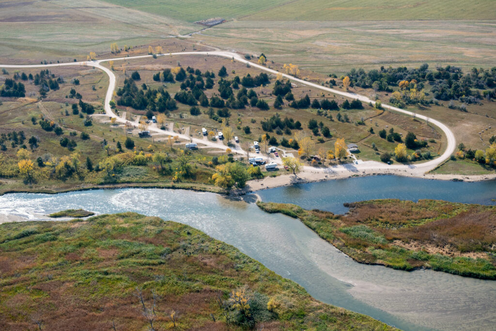 Aerial view of campground pads
