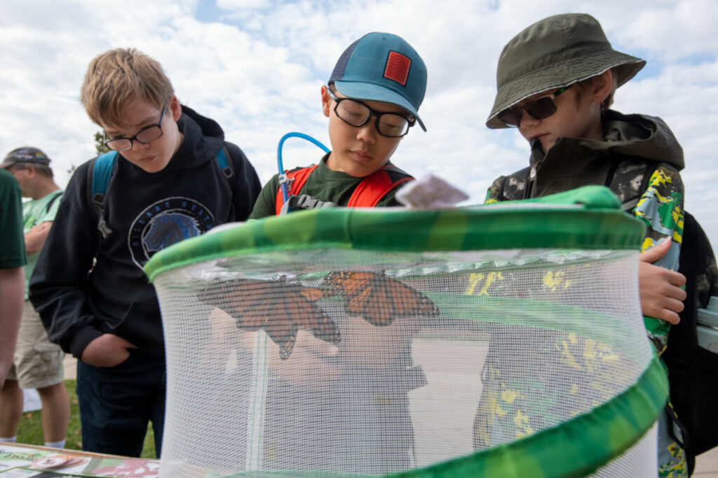 Nolan Dunlop, Jonas Judalena and Parker Neville, members of Boy Scouts of America Troop 37 from Omaha, participate in a monarch butterfly tagging workshop at the Missouri River Outdoor Expo at Ponca State Park in Dixon County. Eric Fowler, September 18, 2021. Copyright NEBRASKAland Magazine, Nebraska Game and Parks Commission.