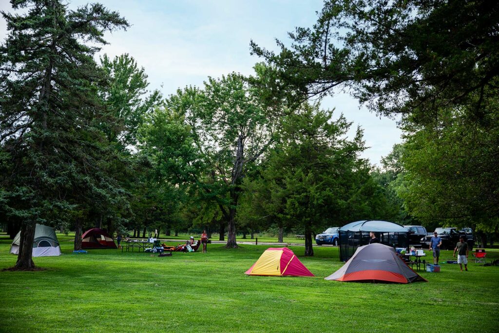 Multiple tents are pitched on a green lawn under shady trees.