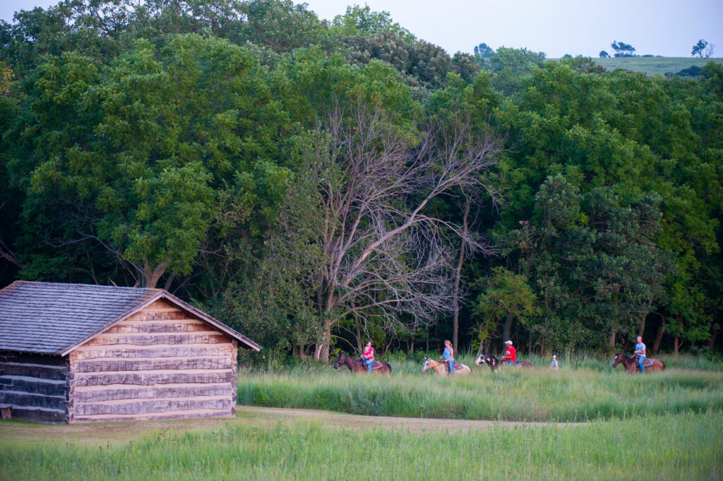 Five people ride horses through the thick prairie grass, a heavy tree-lined area in the background.