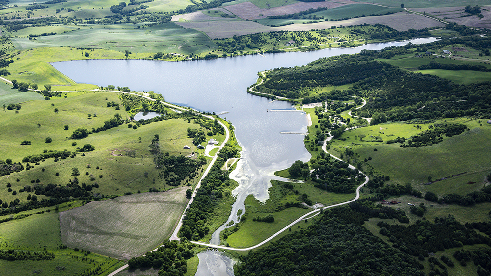 An aerial view of Summit Lake