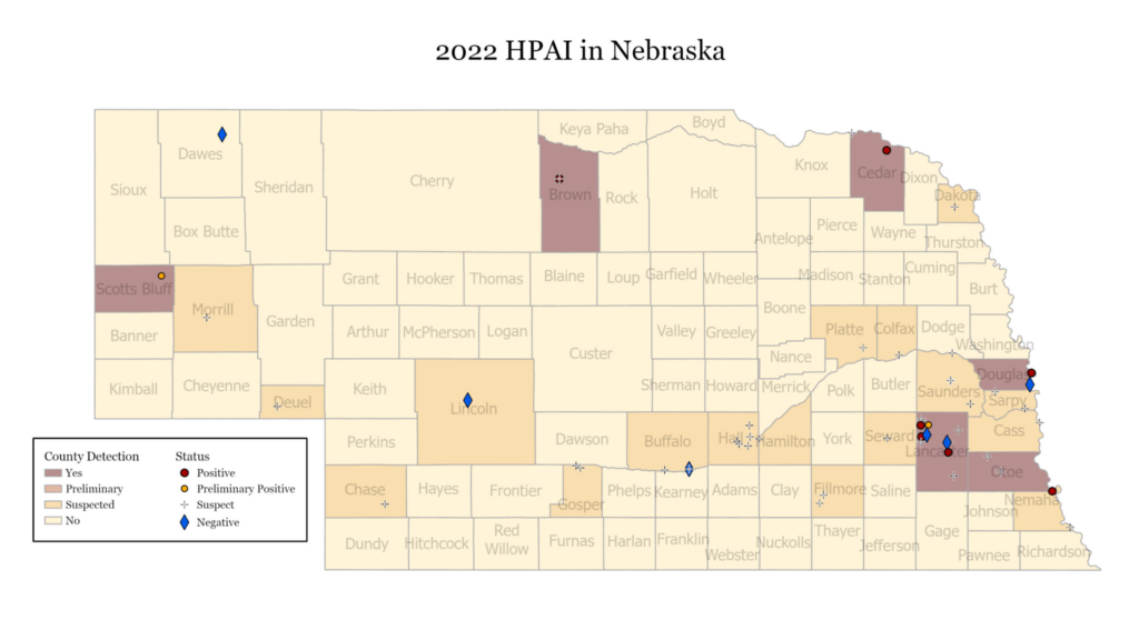 Map of Nebraska where cases of avian influenza have been detected