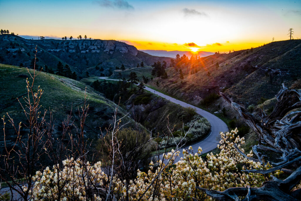 Sun rises over a stretch of road winding through Fort Robinson State Park.
