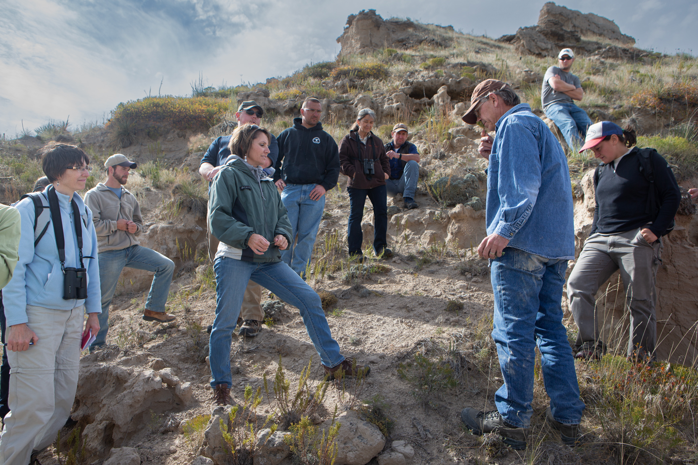 A group of biologist standing on a hill.