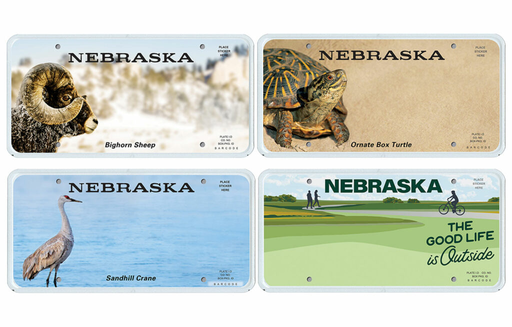 Four Nebraska wildlife conservation license plates