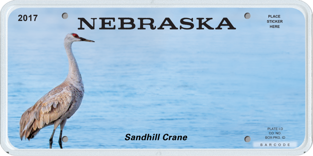 Nebraska license plate with a sandhill crane on it