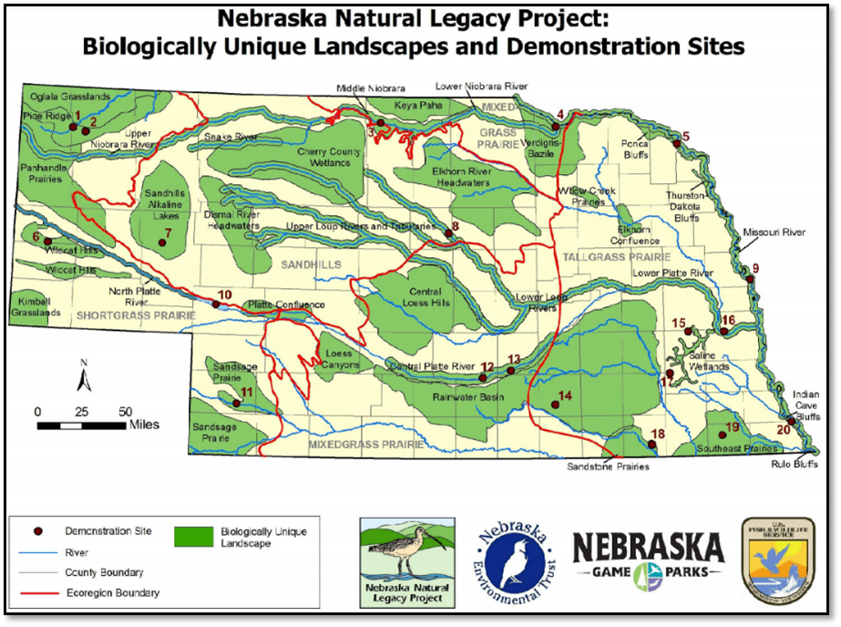 Nebraska Natural Legacy Project demonstration sites map.