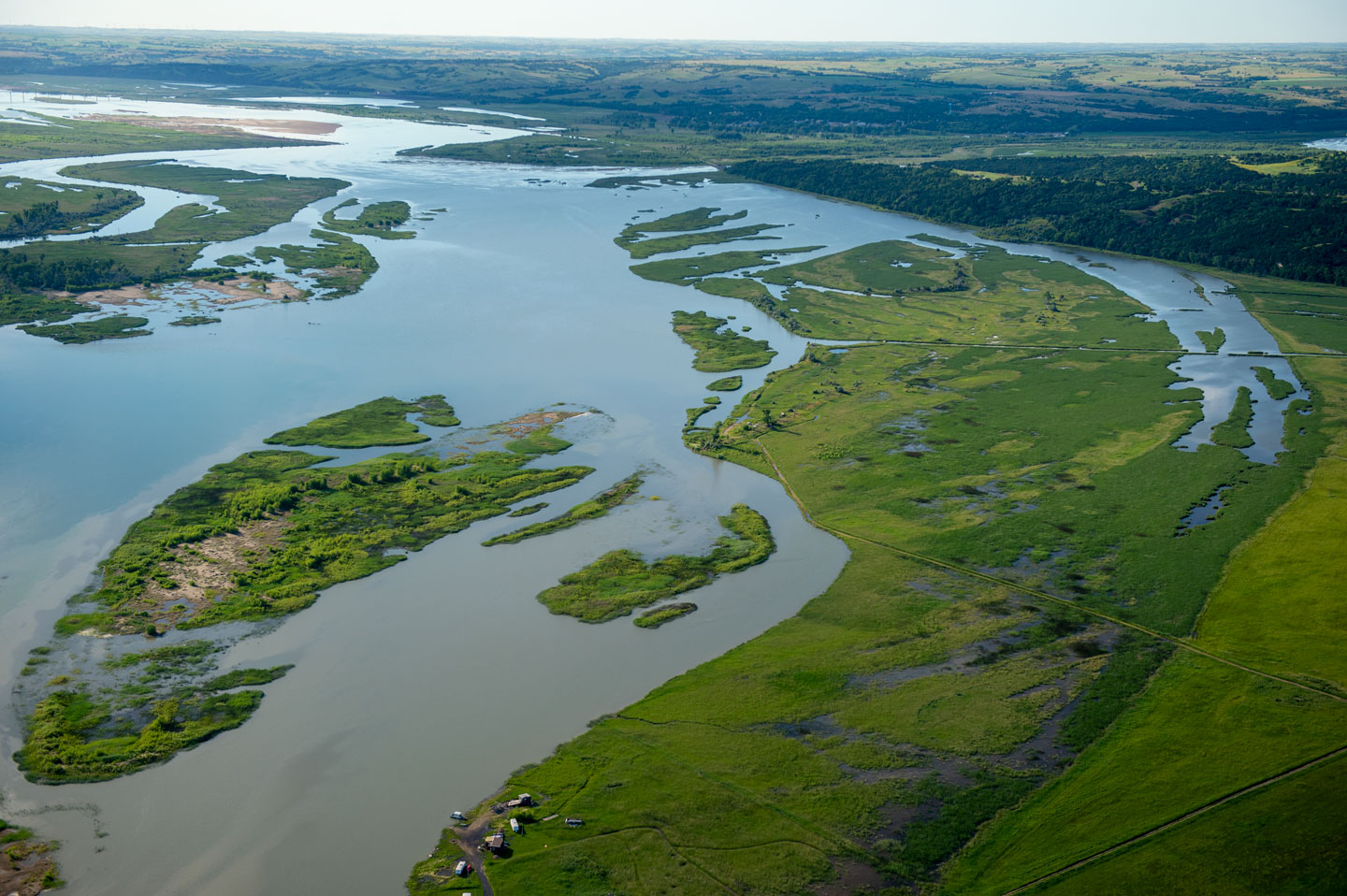 A aerial view of the Missouri River.