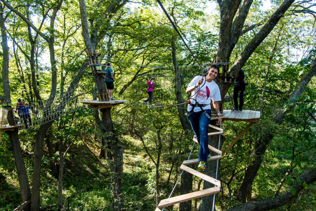 visitors navigate the ropes course in the tree canopy