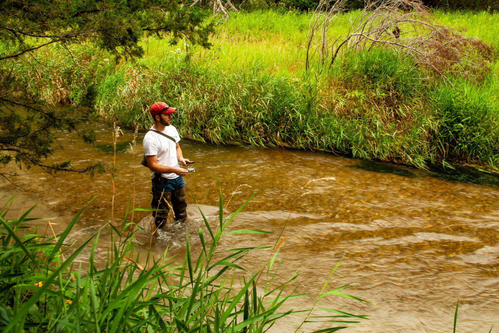 man standing in creek fishing for trout