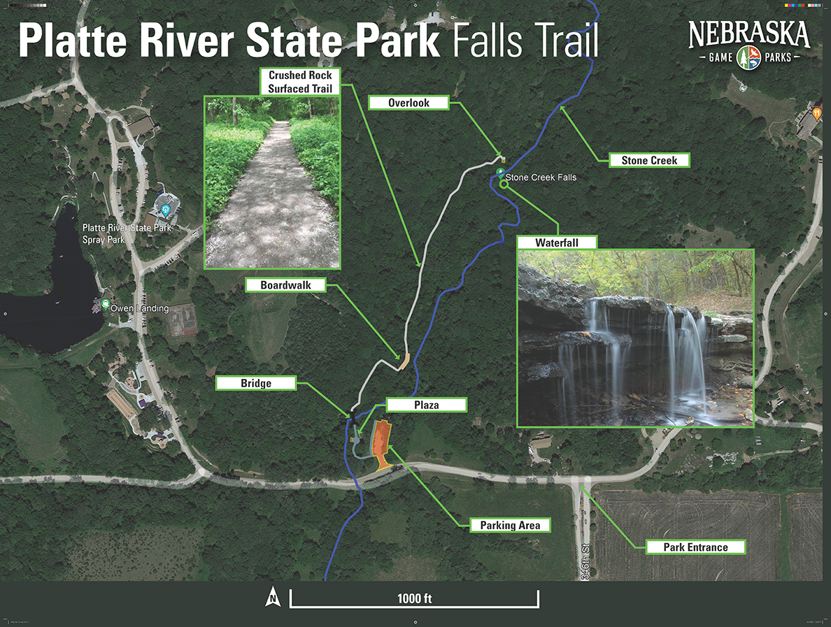 aerial view of the park and Falls trail with arrows labeling different segments of the trail