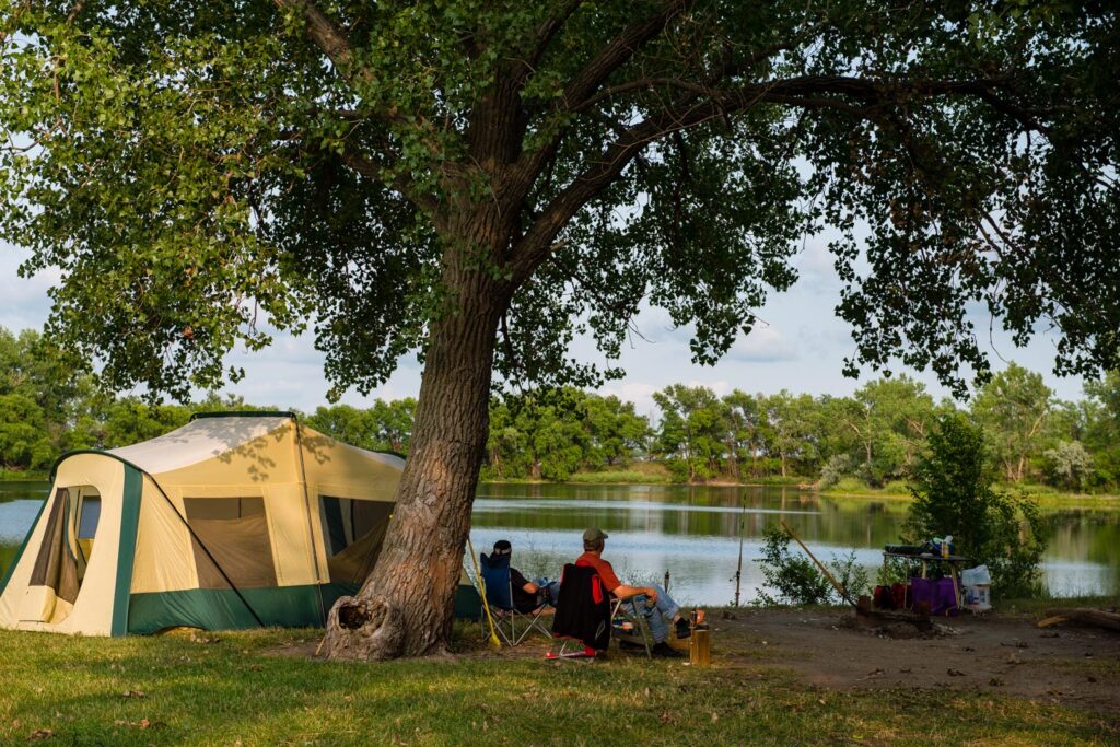 Campers at a campsite sit under a tree and look at a lake.