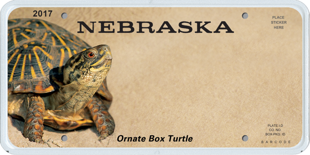 Nebraska license plate with a turtle on it.