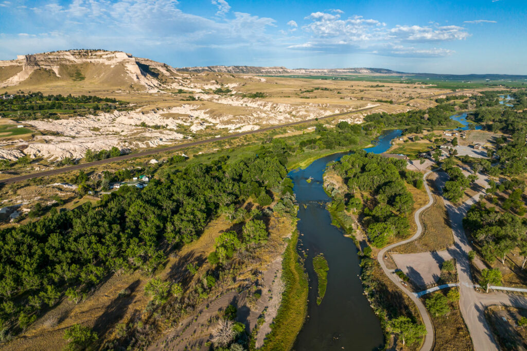 Aerial view of the North Platte River winding its way along a walking path in western Nebraska.