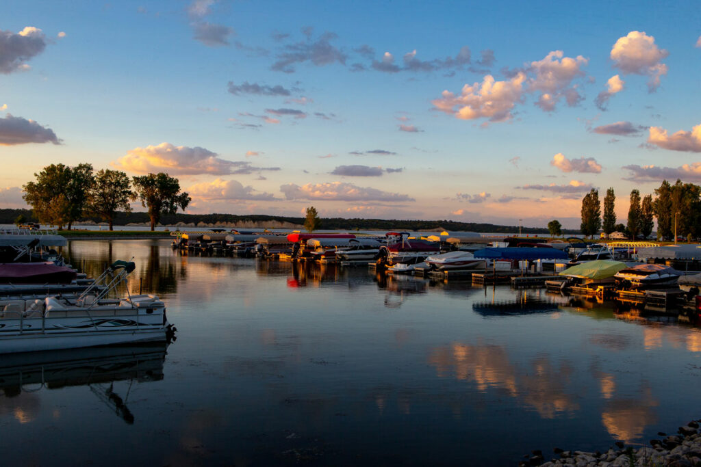 Sunset at Lewis and Clark lake SRA marina on marina day.