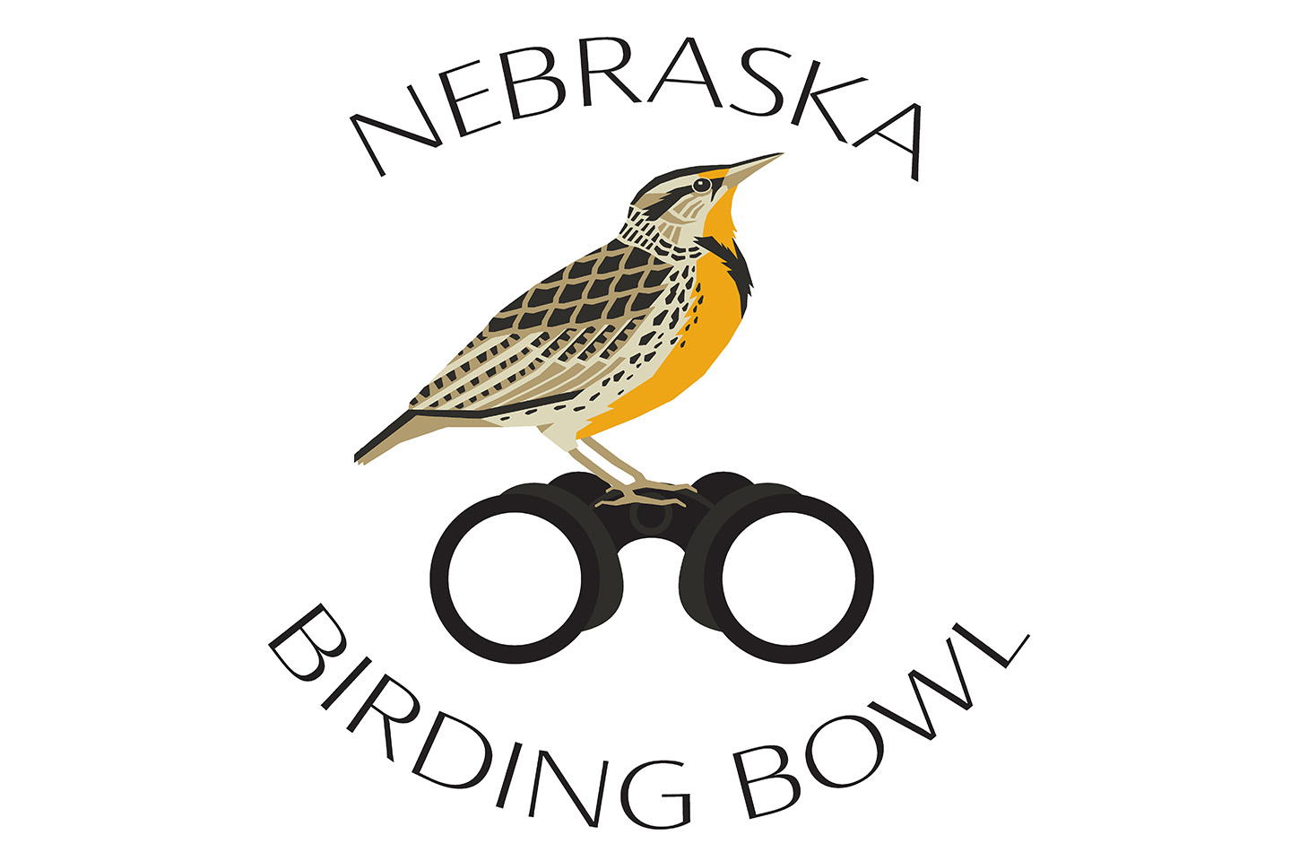 Nebraska birding bowl logo with western meadowlark perched on binoculars.