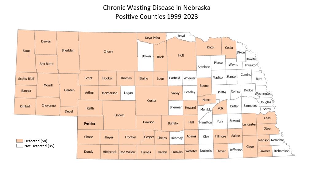 2023 Chronic Wasting CWD map of positive counties in Nebraska