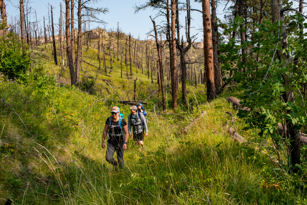 three men with backpacks hike a grassy trail
