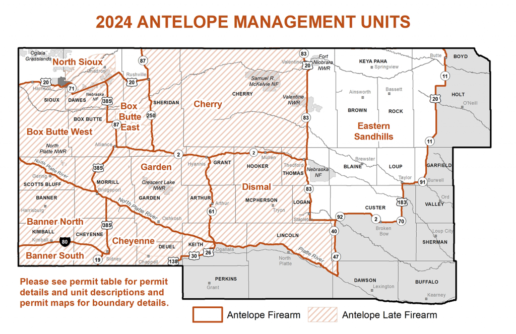 Map of 2024 antelope hunting units in Nebraska