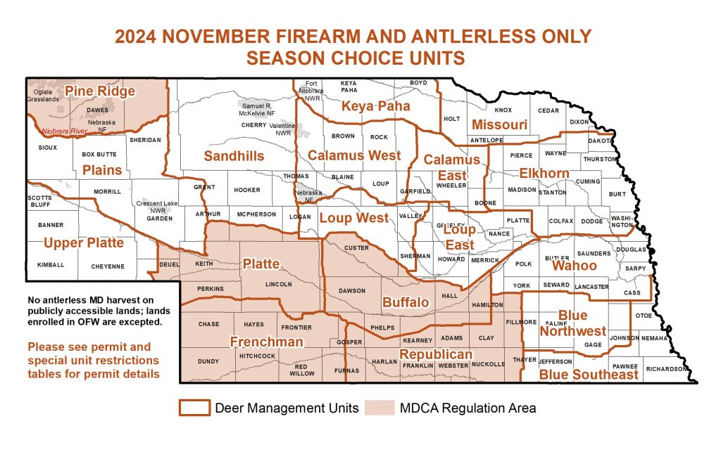 Map of the 2024 November firearm season deer units in Nebraska