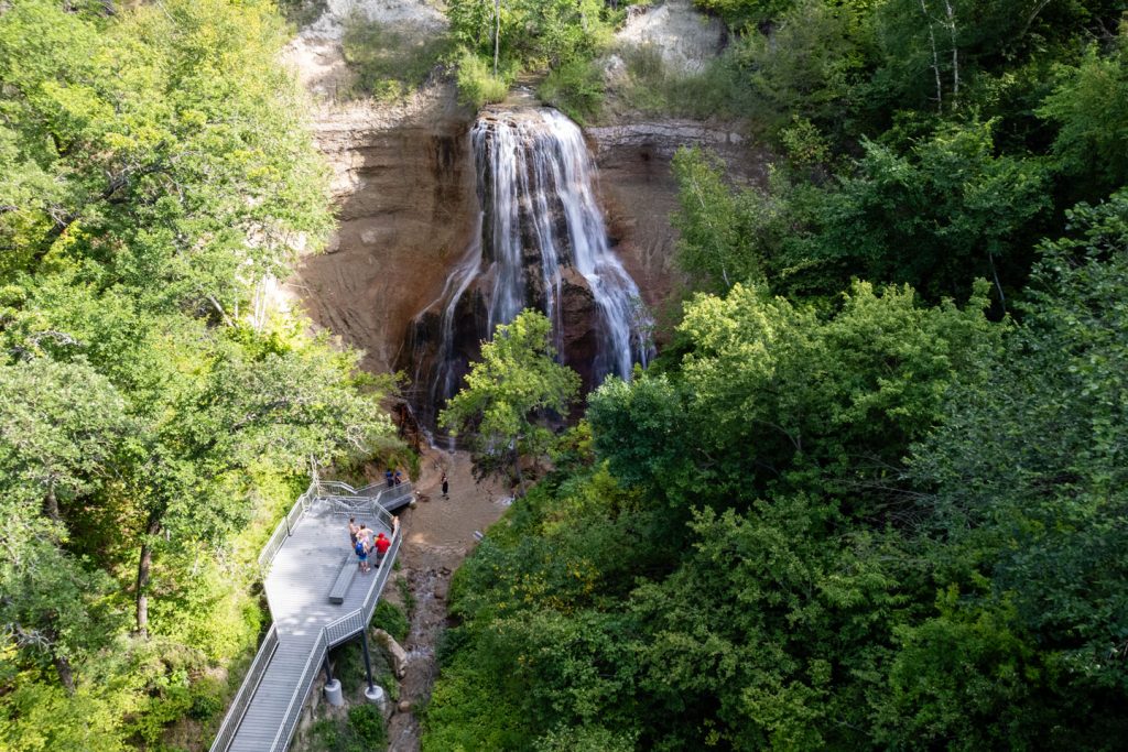 Aerial photo of Smith Falls State Park boardwalk and waterfall during summer in Nebraska.