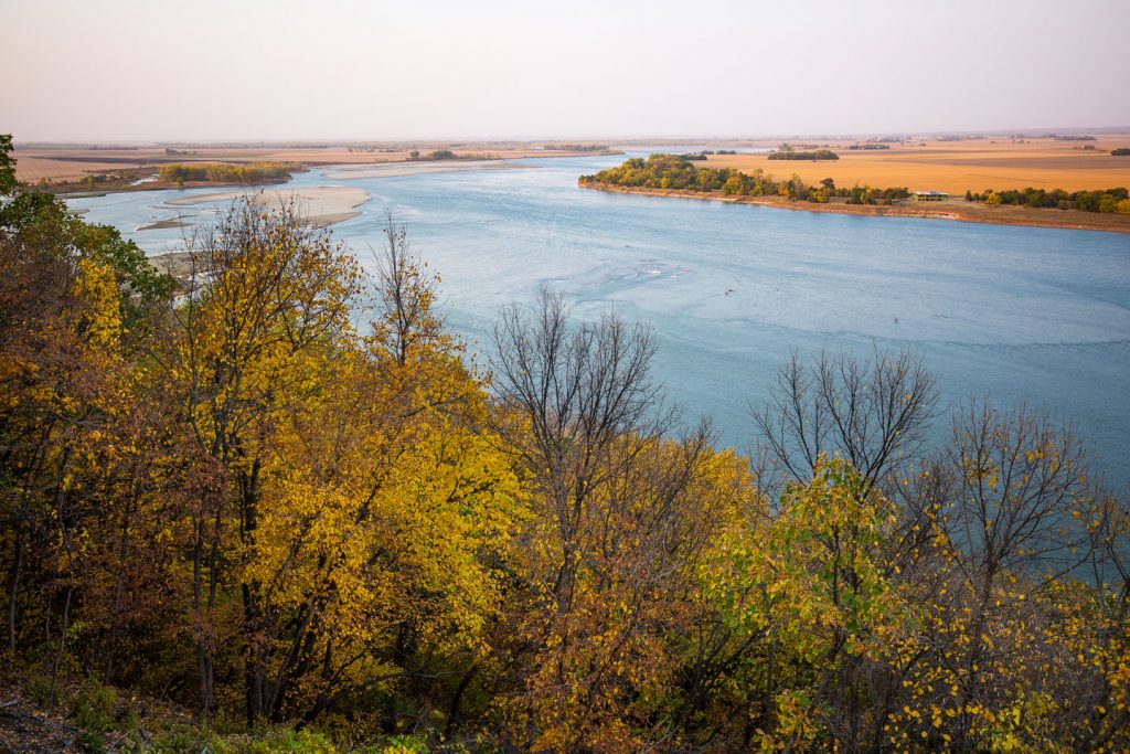 Three State Overlook at Ponca State Park during the fall. with river landscape and fall trees.