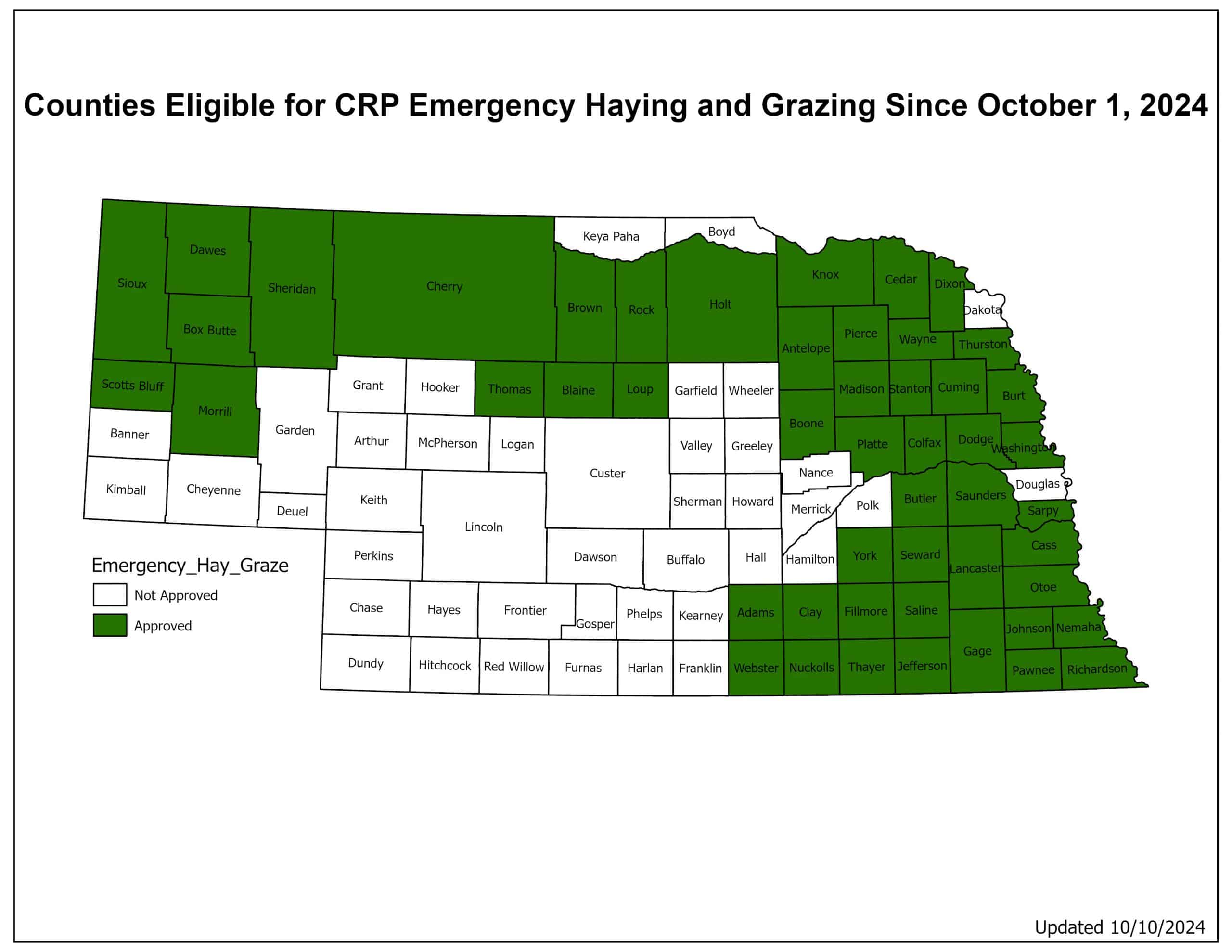 Nebraska Emergency Hay Graze Eligibility Map for October, 2024