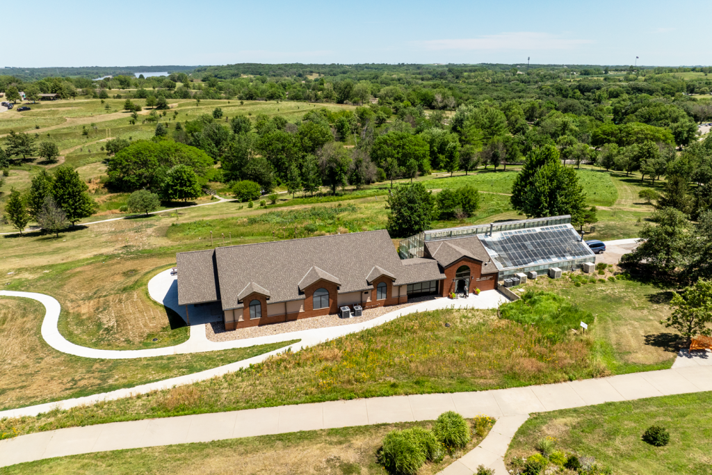 Aerial view of the James Family Conservatory at E.T. Mahoney State Park.