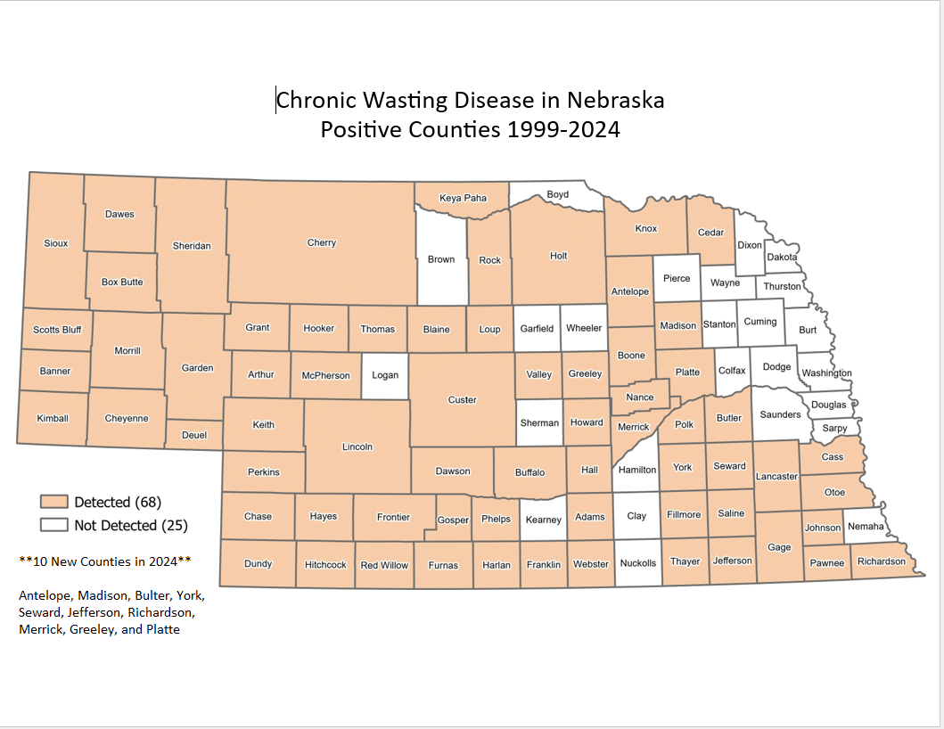 2024 map of Nebraska indicating counties that detected Chronic Wasting Disease