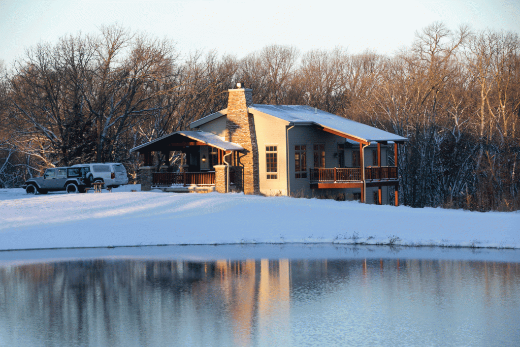 a lodge faces a lake in a snowy landscape