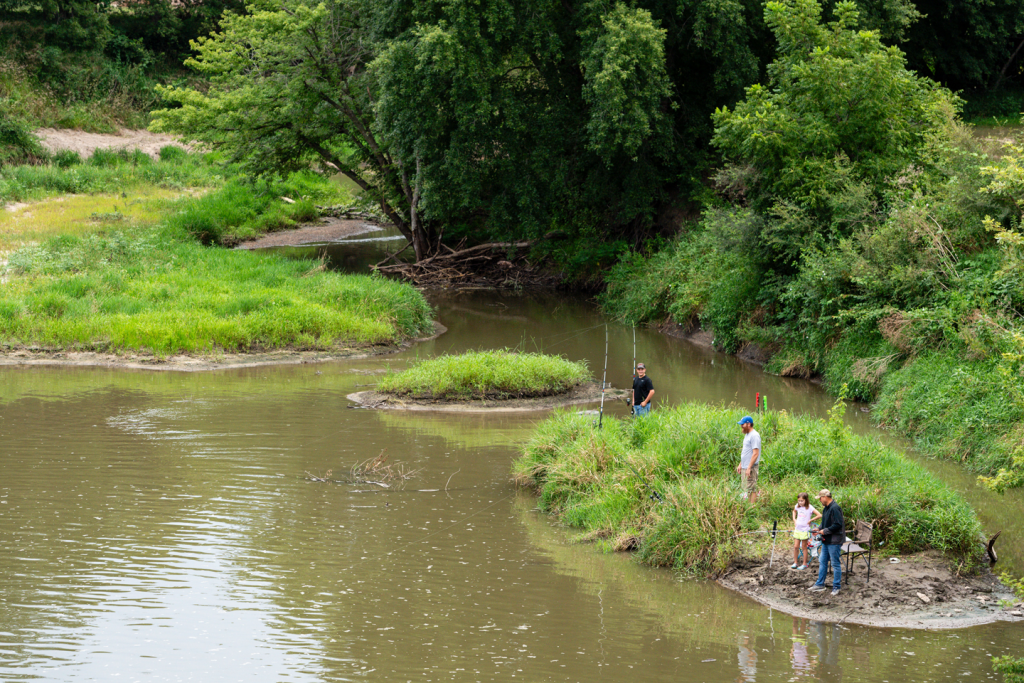 People catfishing on tree lined banks of a river during summertime.