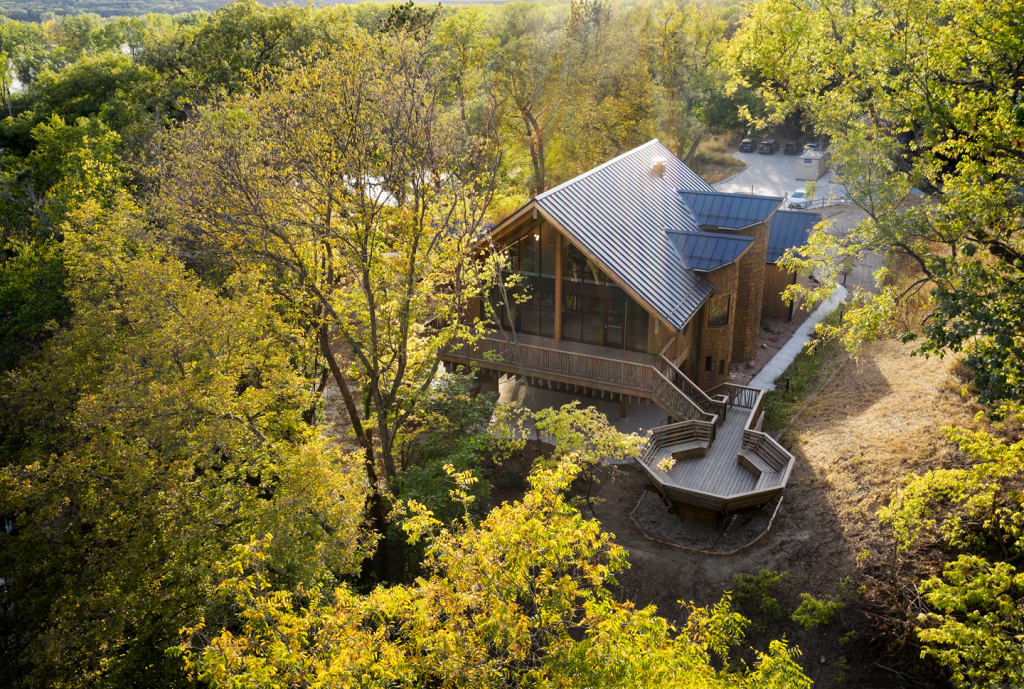 Aerial view of the new Treehouse building and surrounding area at Schramm Park State Recreation Area.
