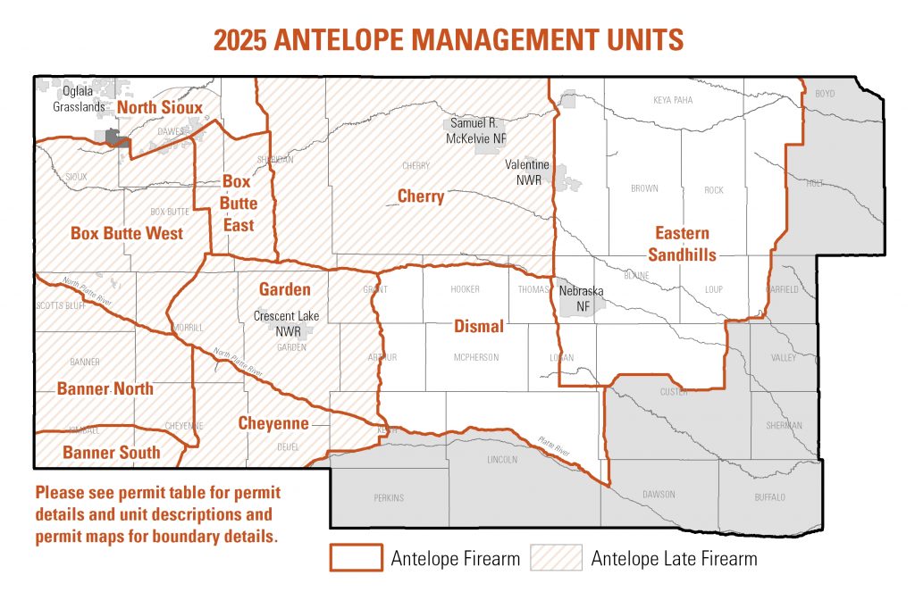 A map of the 2025 pronghorn antelope hunting units in Nebraska