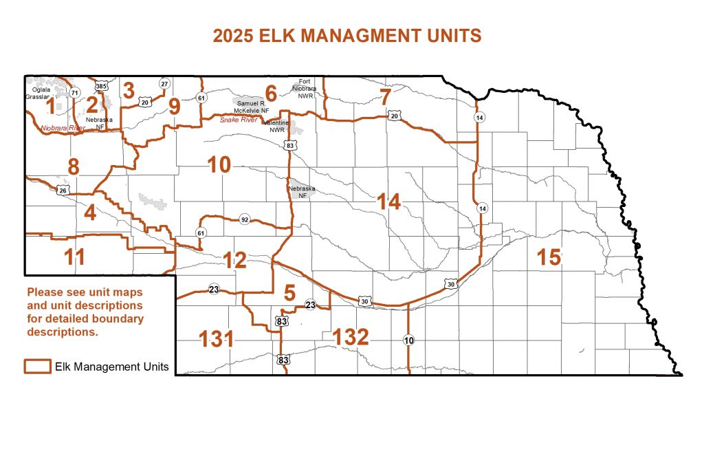 A map of the 2025 elk hunting units in Nebraska