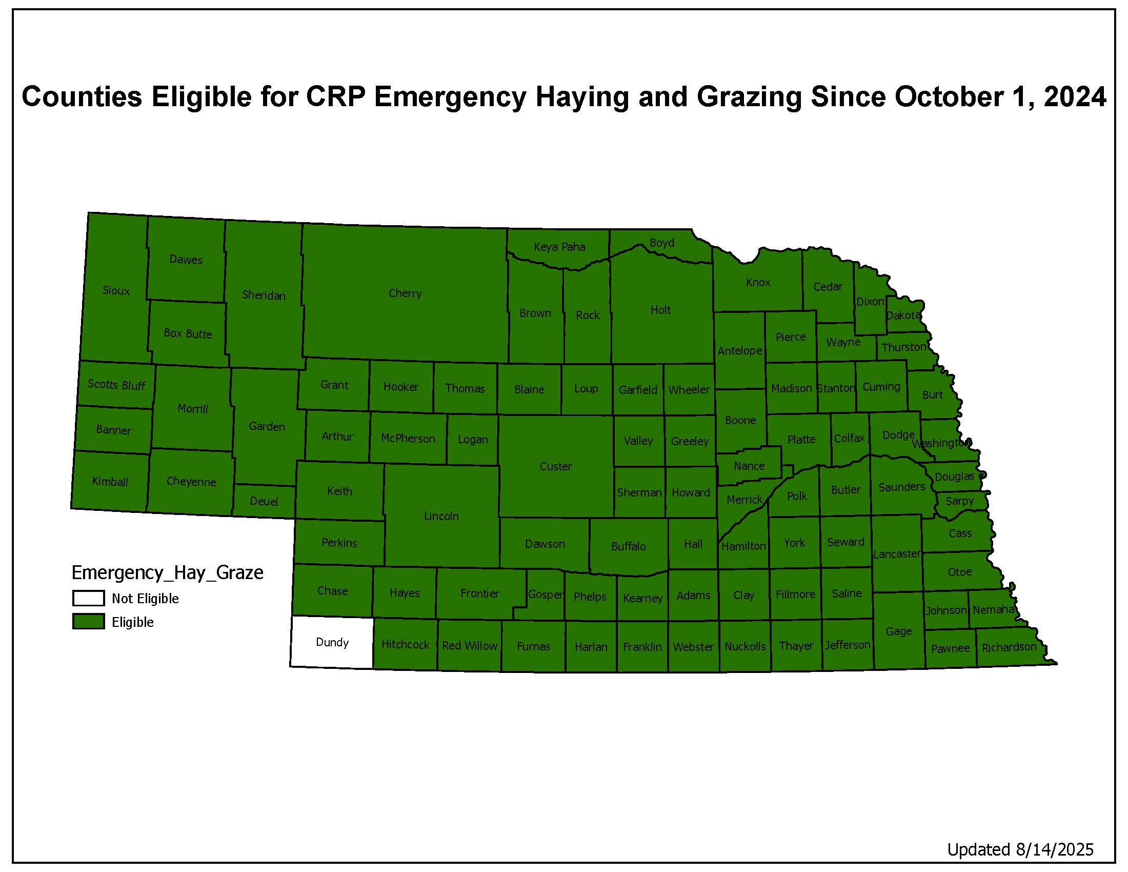 Map of Nebraska counties approved for emergency haying and grazing on Conservation Reserve Program (CRP) lands.