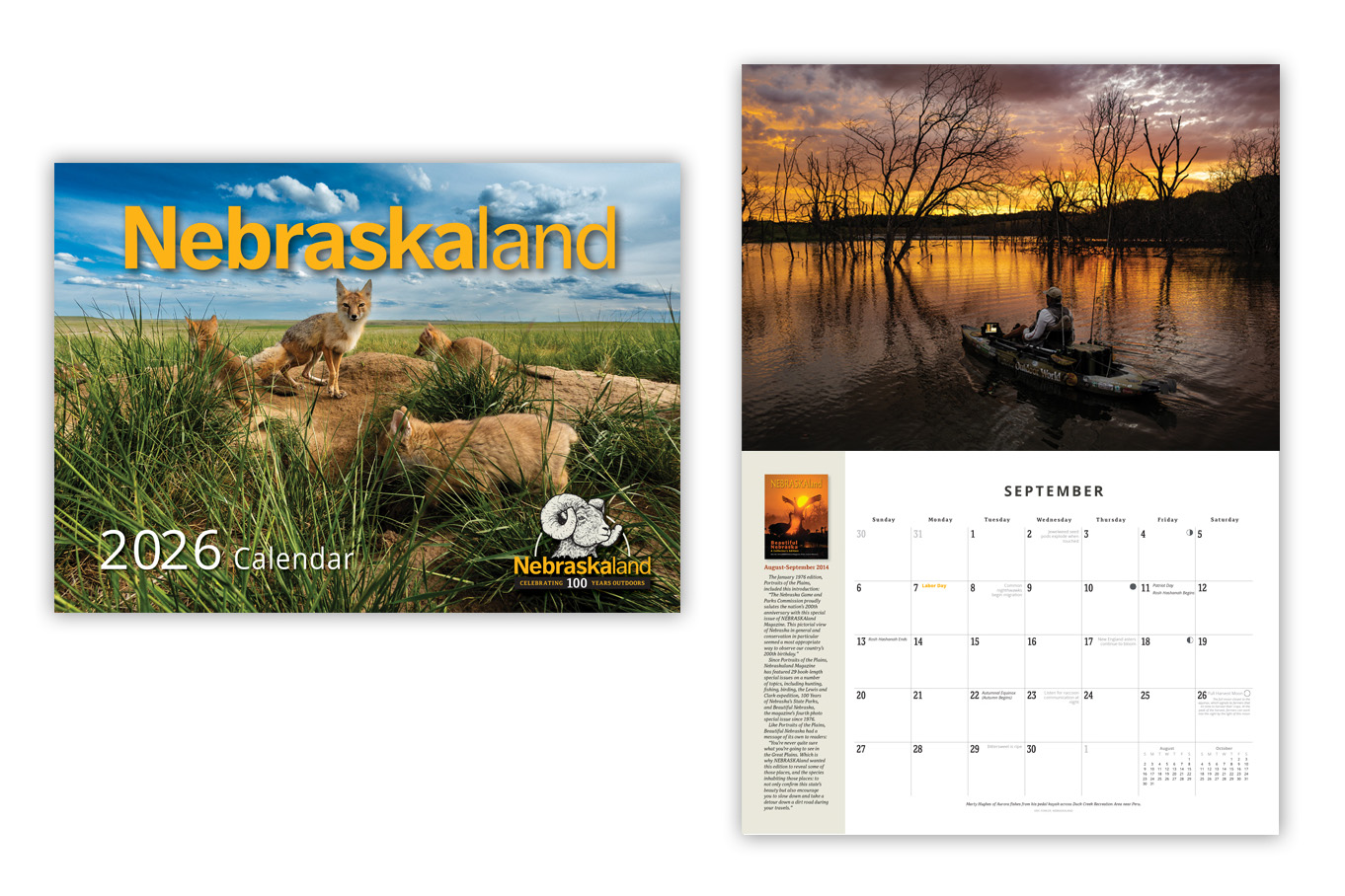 Front cover and inside of the 2026 Nebraskaland Magazine calendar.